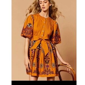 A Loves A Dark Blaze Embroidered Cotton Puff Sleeve Mini Dress XS New Boho